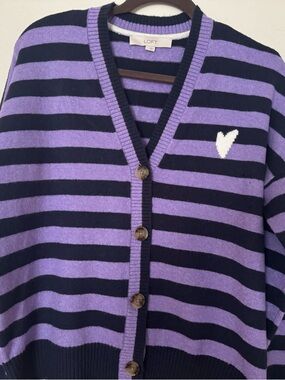 LOFT Lavender and Black Striped V-Neck Cardigan with White Heart, size large